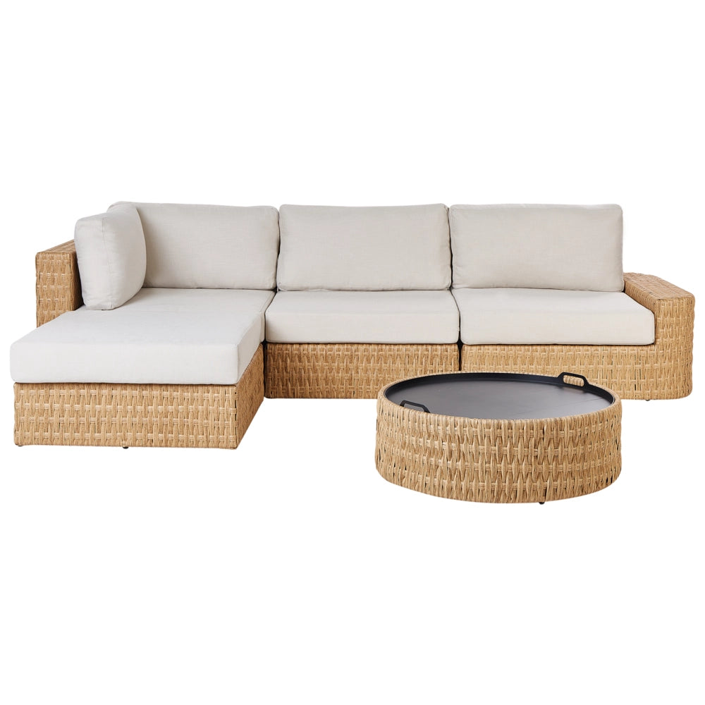 Set da giardino con divano a 4 posti  lato destro in rattan sintetico PE, tavolino con piano a vassoio e cuscini beige