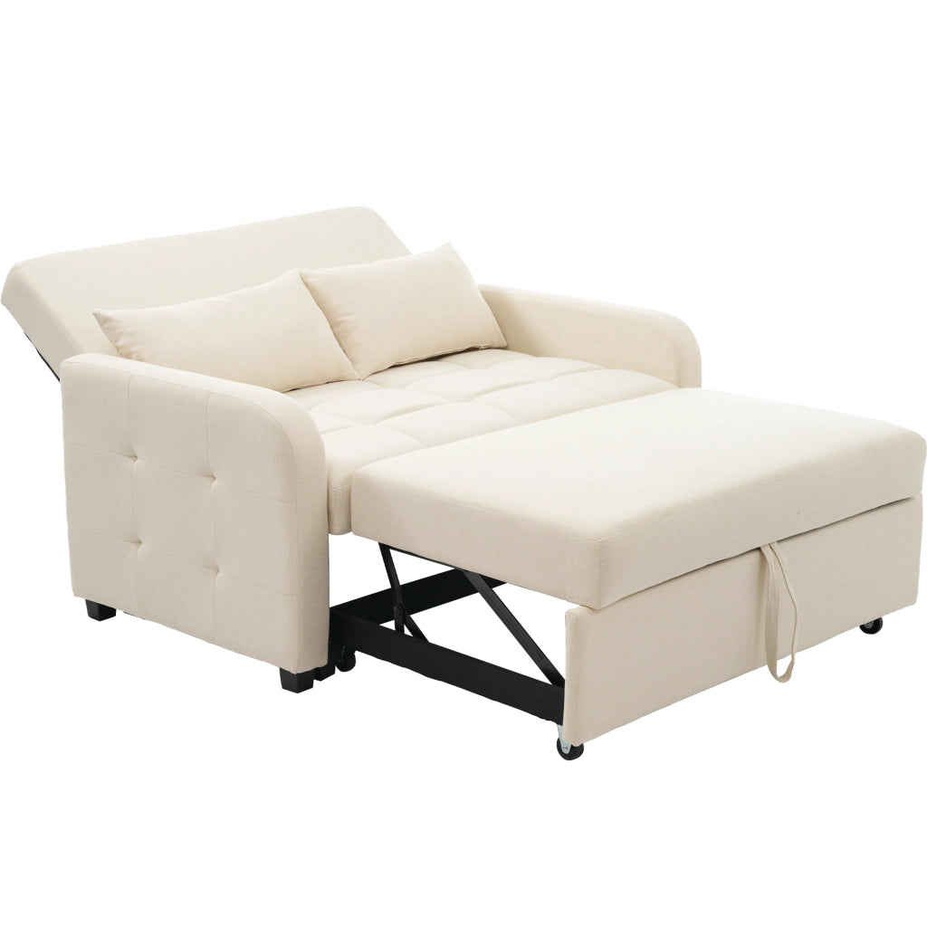 OKWISH Divano Letto 2 Posti, Schienale Regolabile in 3 Posizioni con 2 Cuscini, Meccanismo Scorrevole, Lino Cotone, Beige