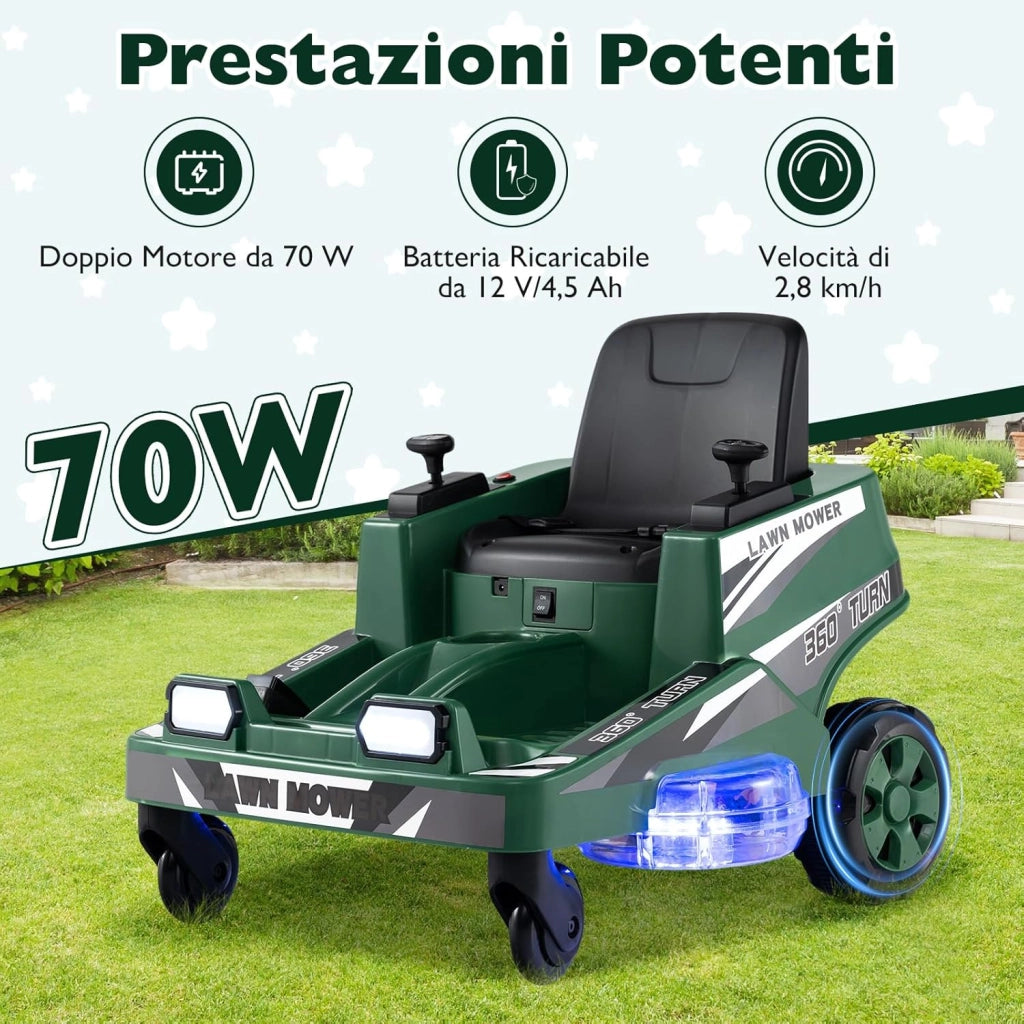 12V Macchina Elettrica per Bambini, Auto Elettrica con 2 Leve di Controllo, Luci LED, Simulazione di Taglio dell'Erba e Sterzate a 360°, Tosaerba Giocattolo per Bambini 3-8 Anni (Verde)