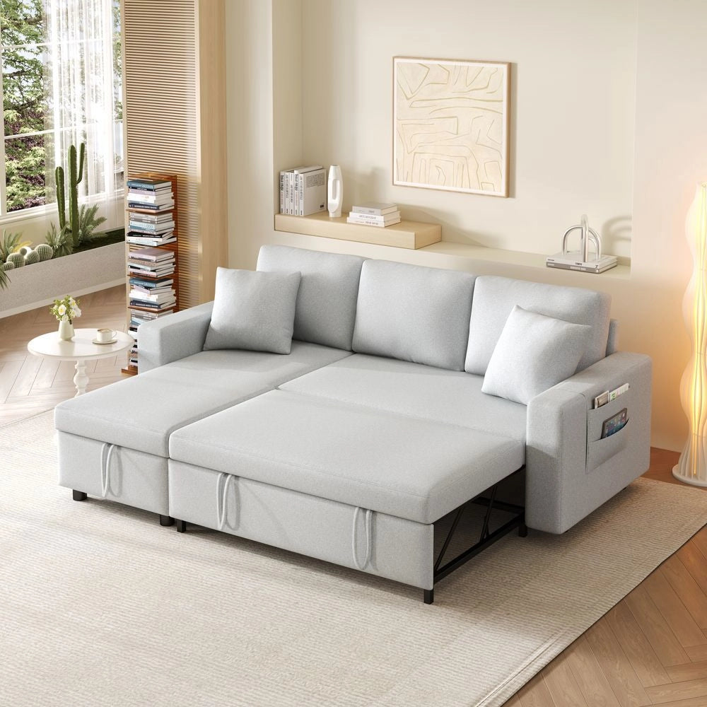 Divano letto angolare - Xylo - Forma L, chaise longue reversibile, grigio chiaro
