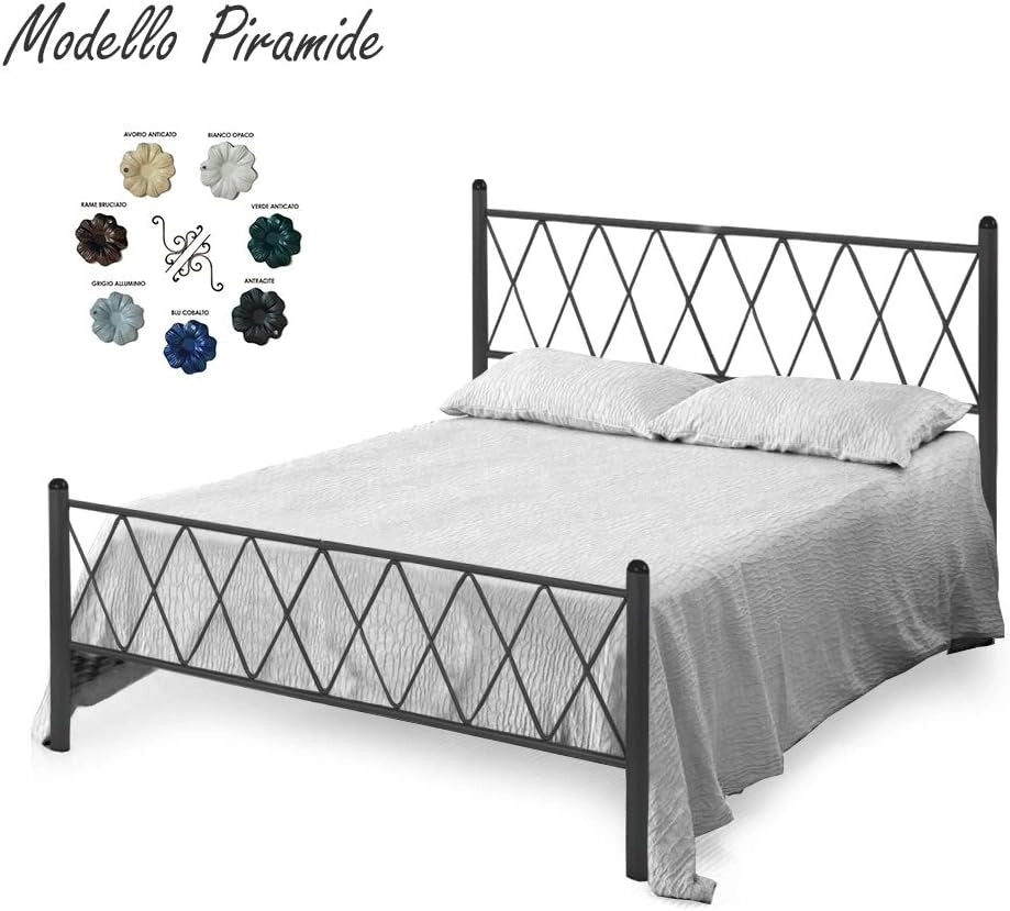 Letto in Ferro Battuto Moderno una piazza e mezza PIRAMIDE cm 120x190 Artigianale colore Grigio