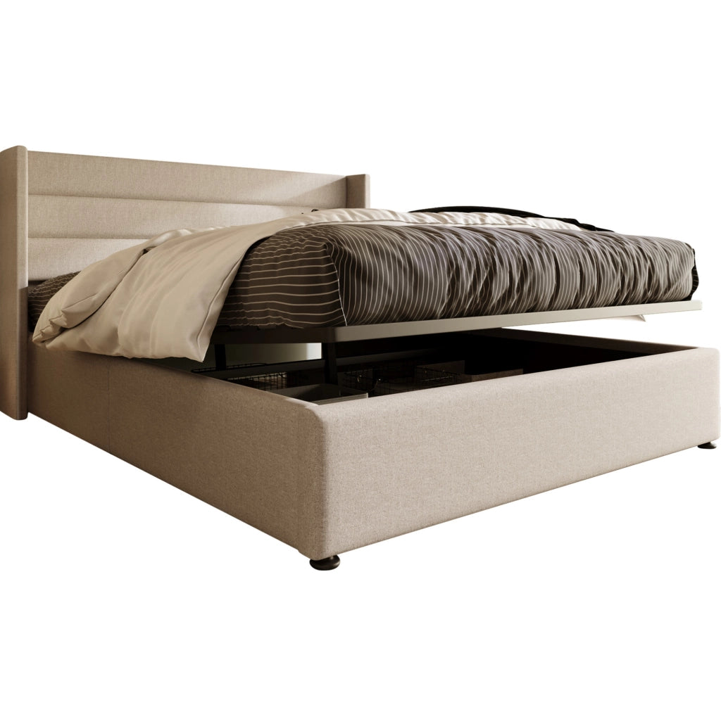 Letto imbottito contenitore idraulico 140x200 cm beige con materasso