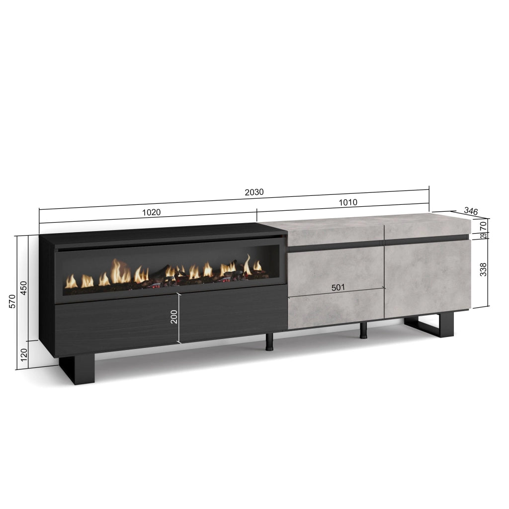 Mobile TV, 200x35x57cm, soggiorno, Per TV fino a 80", Camino elettrico, Design industriale, grigio cemento RF2236