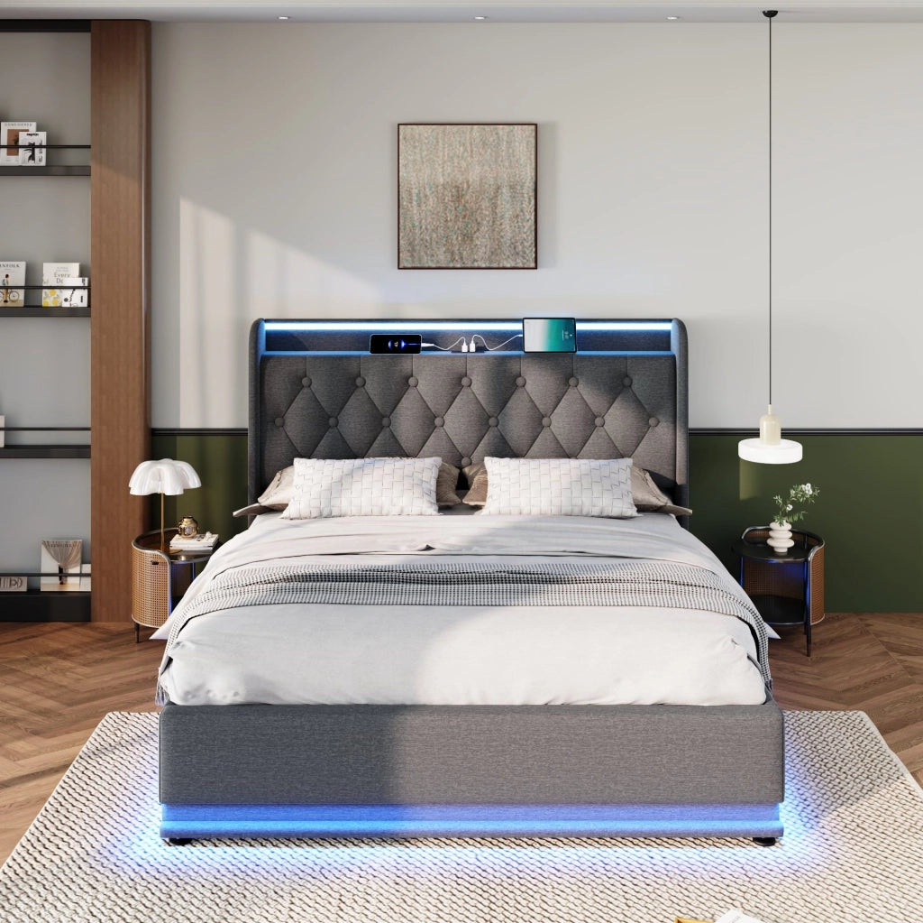 Letto imbottito 180x200 cm con LED; contenitore idraulico; USB Type-C; lino grigio