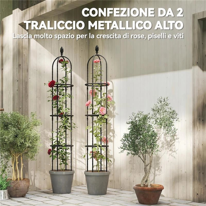 SET 2 SUPPORTI PER PIANTE RAMPICANTI ALTI 1.7 M IN ACCIAIO ANTIRUGGINE CON DECORAZIONI, NERO