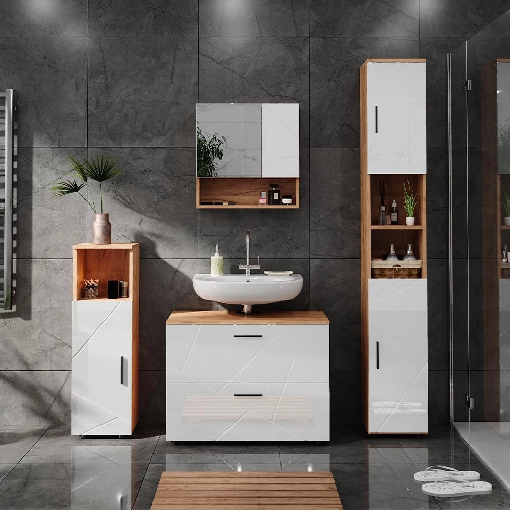 Set di mobili da bagno Irma, Bianco lucido/oro power oak, 80 cm, composto da mobile lavabo, pensile a specchio, colonna e base media
