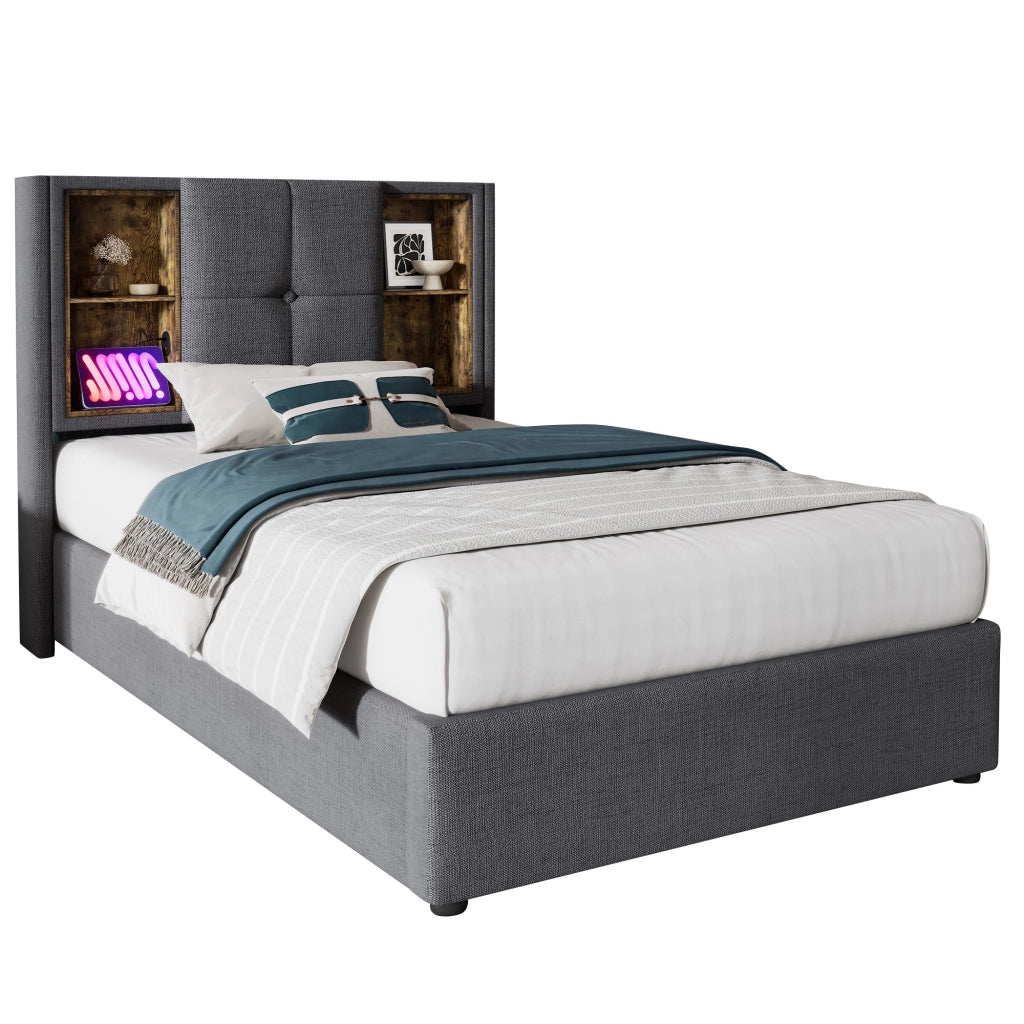 Letto Singolo 90x200 Imbottito Grigio con Contenitore e Ricarica Wireless