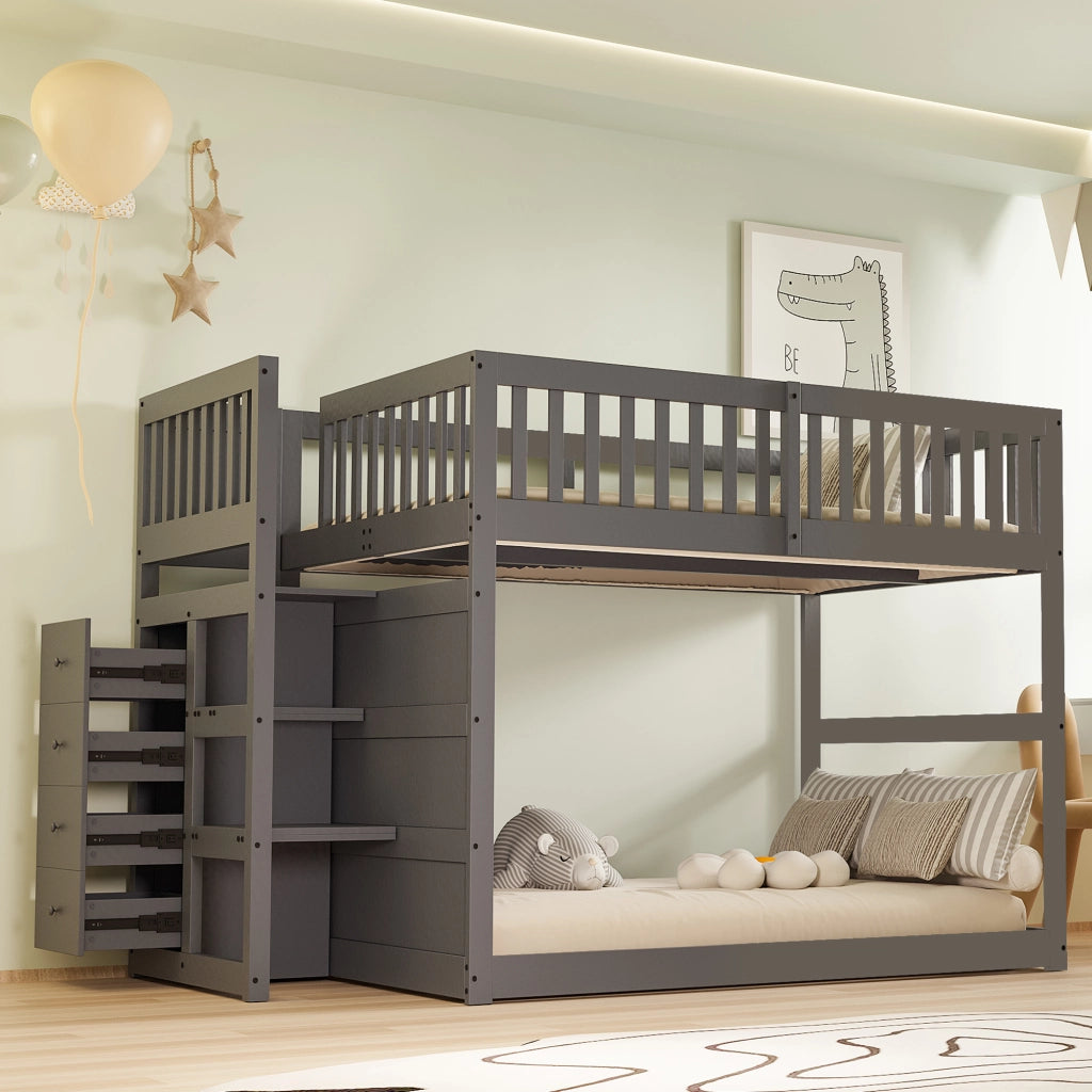 OKWISH Letto a Castello Basso 140×200 cm, Letto Matrimoniale con 4 Cassetti, Scala e Sponda Alta, senza Materasso, in Legno, Grigio