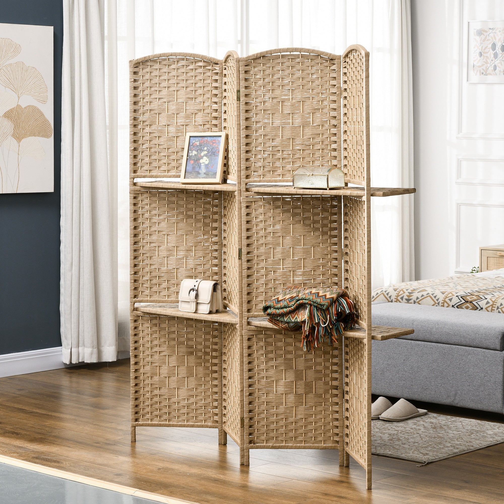 Paravento a 4 Ante Pieghevole con Mensole 160x170 cm Legno di Pino