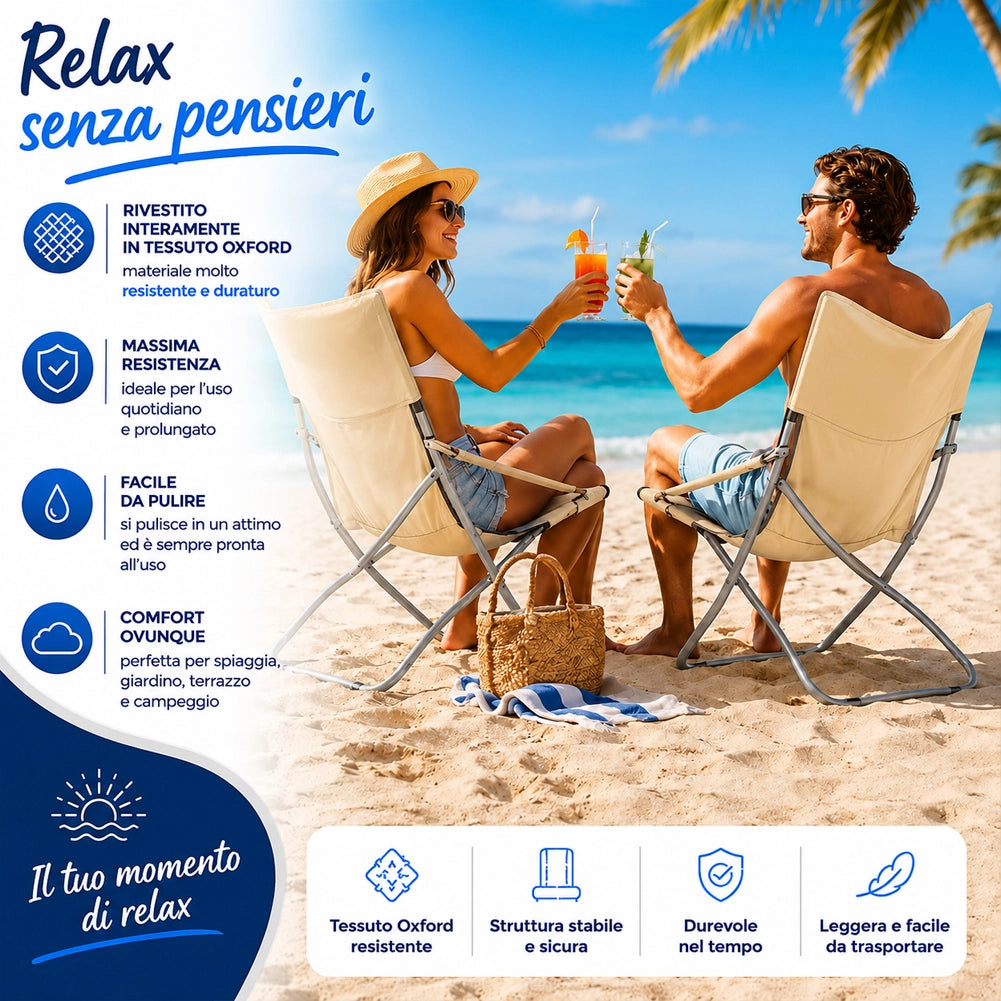 Spiaggina Sedia Canapone In Acciaio Tessuto Imbottito Pieghevole Relax Beige