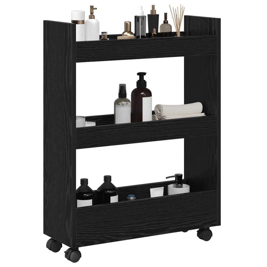 Carrello di Stoccaggio Stretto a 3 Ripiani in Rovere Nero Legno Ingegnerizzato