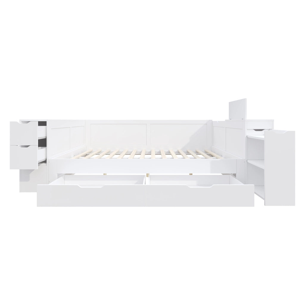 OKWISH Letto a Divano 140×200 cm, Letto Matrimoniale con Cassetto Grande, Ripiani e Armadietti Contenitore, senza Materasso, in MDF, Bianco
