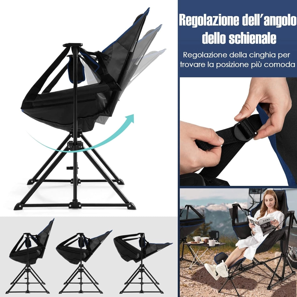 Sedia a Dondolo da Esterno Portatile, Sedia da Campeggio Pieghevole con Poggiapiedi Retrattile e Borsa da Trasporto, Ideale per Campeggio, Pesca e Picnic, Portata 150 kg (Nero)