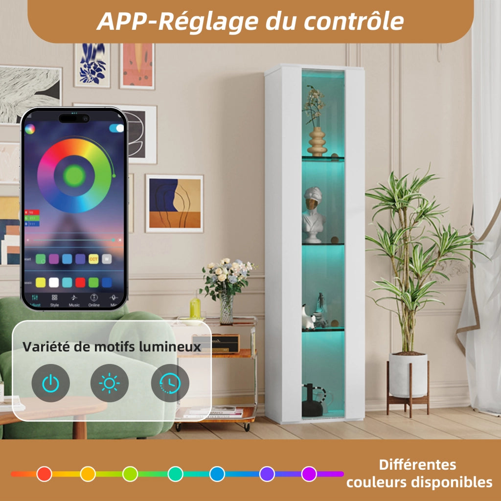 Vetrina con 2 Ante e 4 Ripiani; LED Multicolore con Telecomando e App; Stile Moderno; in Pannello Truciolare; 40??29??170 cm; Bianco
