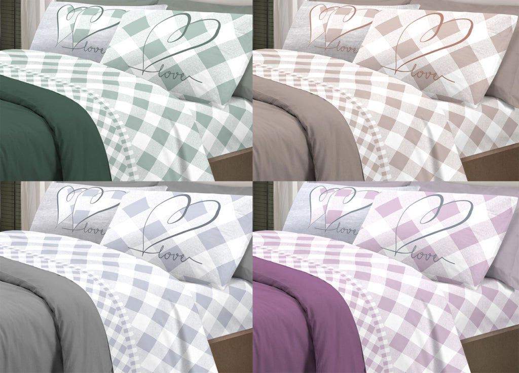 Completo Lenzuola Letto Pensieri Delicati 100% Cotone Dis.Lovely Check - Piazza E Mezza - Beige