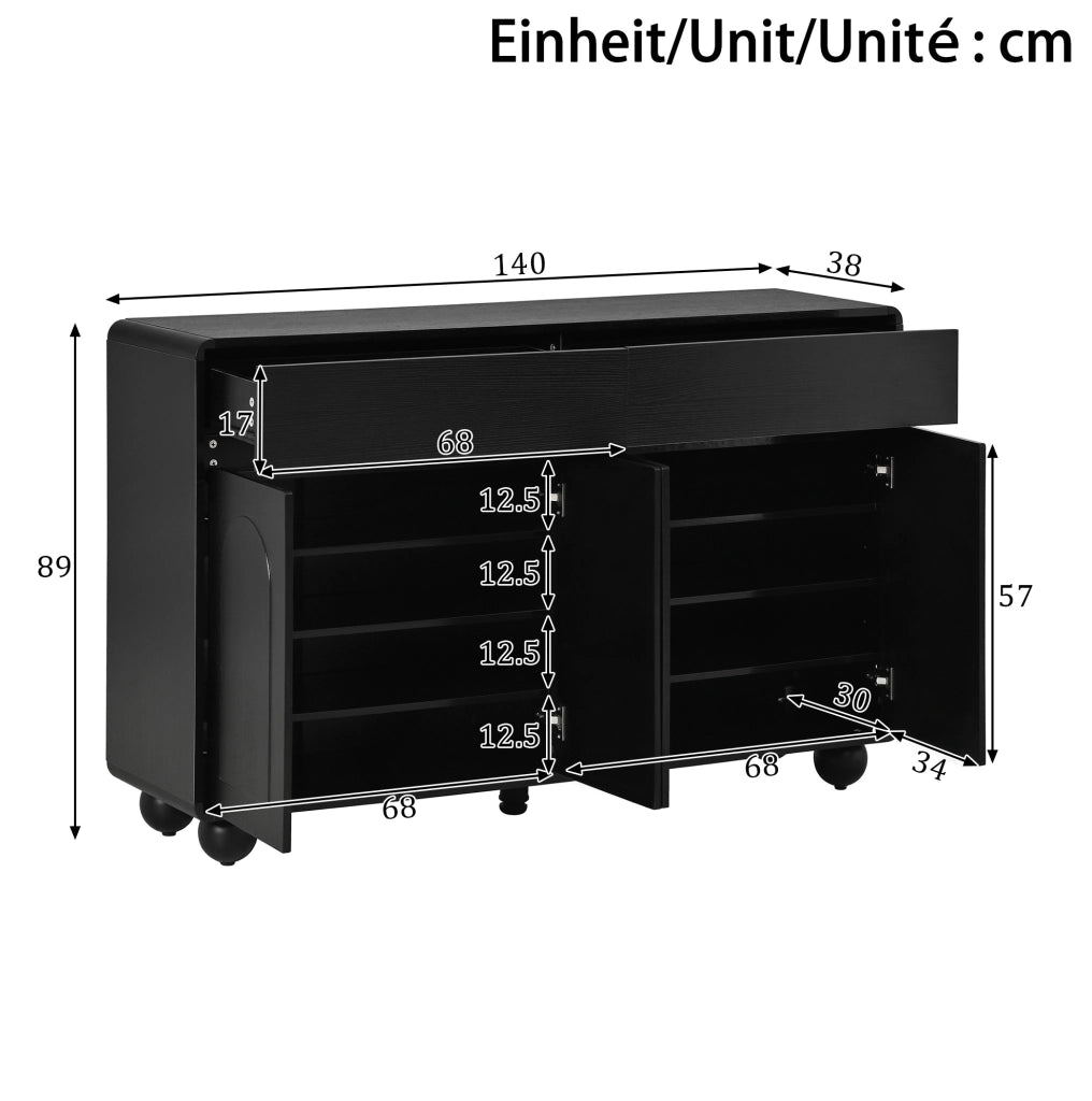 Madia nera 140x38x89 cm con 2 cassetti; 4 ante e ripiani regolabili HOMVRA