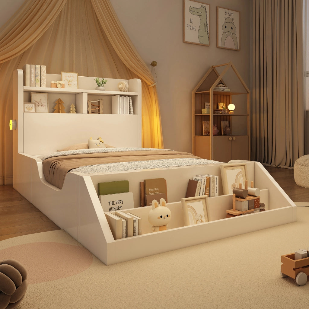 LETTO Singolo 90x200 cm Bianco con ripiani, libreria e luci notturne