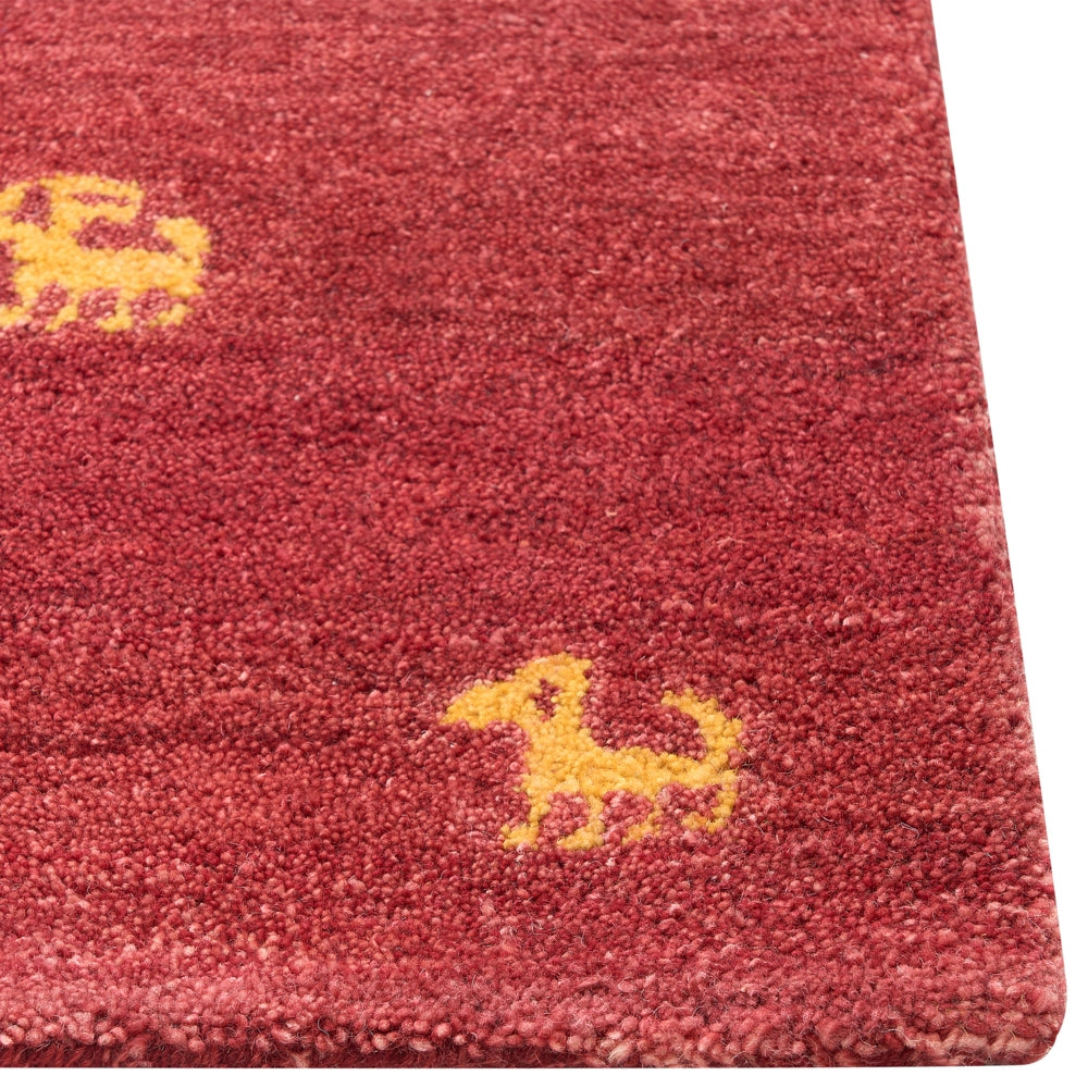 Tappeto Gabbeh di lana rossa fatto a mano con motivo animale 140 x 200 cm stile boho soggiorno camera da letto