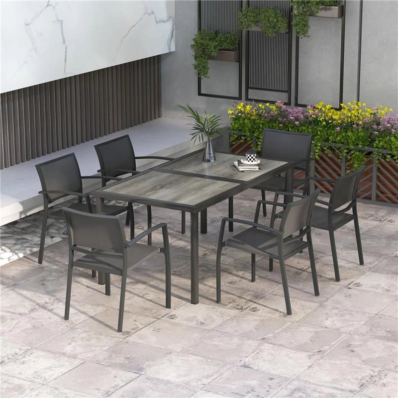 SET DA GIARDINO CON 6 SEDIE IMPILABILI IN TESSUTO A RETE E TAVOLO EFFETTO LEGNO, GRIGIO