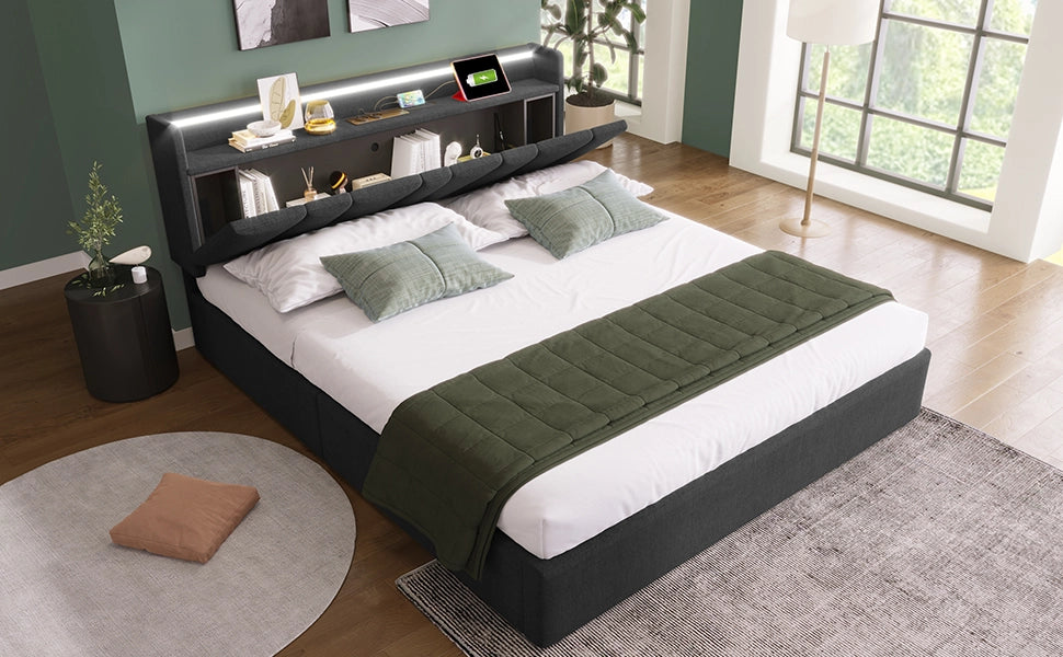 DESMIU Letto Matrimoniale 140 × 200 cm 2 Posti con Contenitore, USB, Type-C e LED Regolabile, senza Materasso