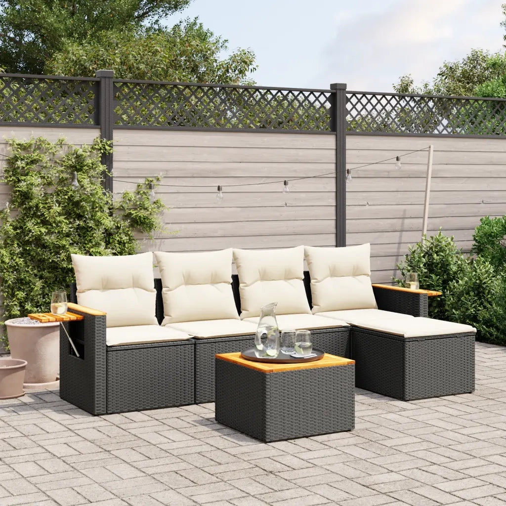 Set Divano da Giardino 6 pz | Set Salotto da Giardino con Cuscini Nero in Polyrattan