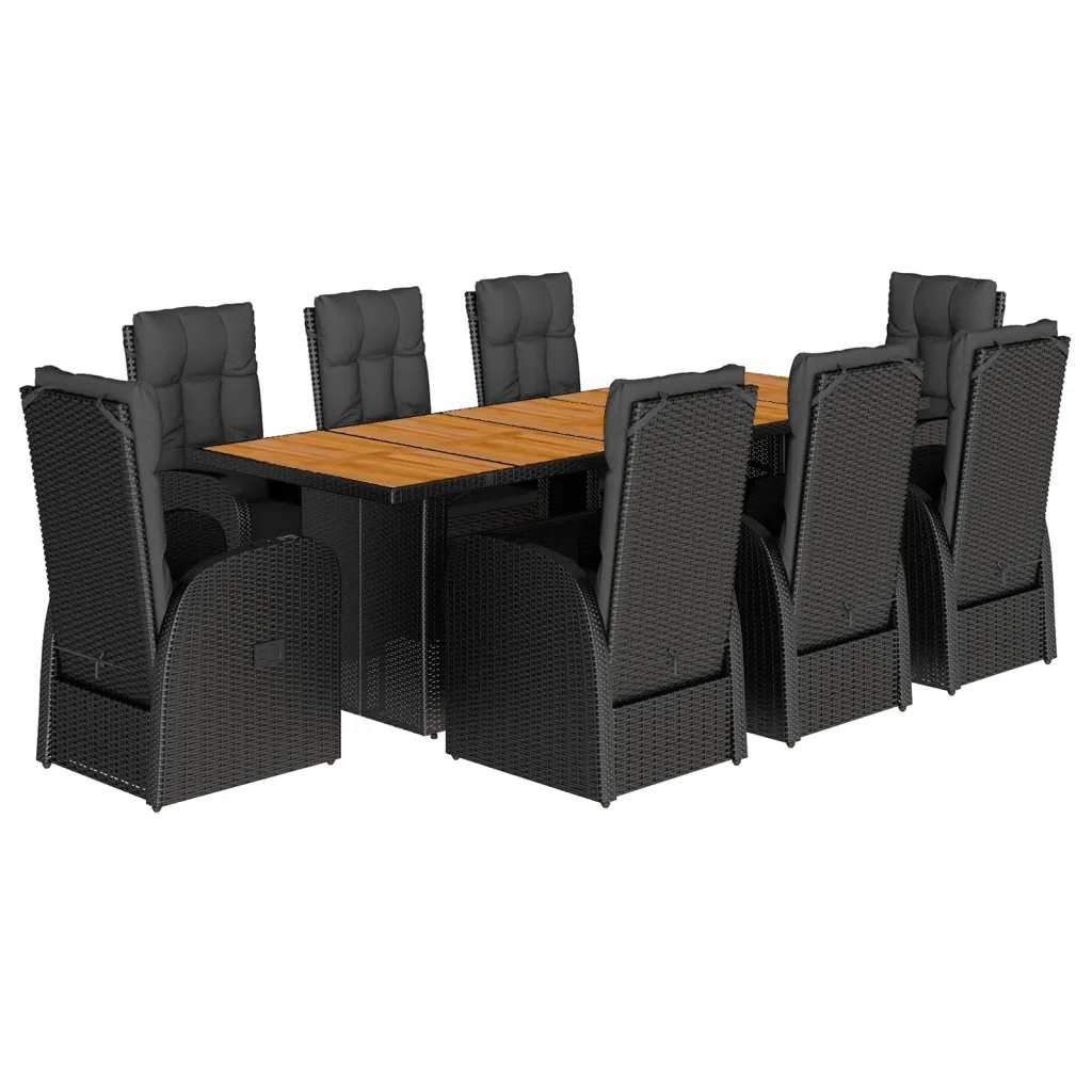 Set da Pranzo da Giardino 9 pz con Cuscini Nero in Polyrattan 3277630