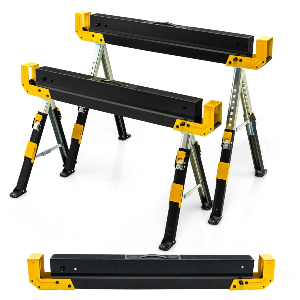 Set di 2 cavalletti pieghevoli con 2 x 4 bracci di supporto altezza regolabile, Cavalletti per sega portatili Giallo-Tavoli da lavoro