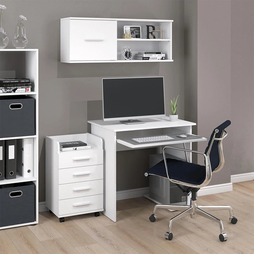 Scrivania Nick, Bianco, 80 x 58 cm, con ripiano estraibile per tastiera e supporto per unità di sistema