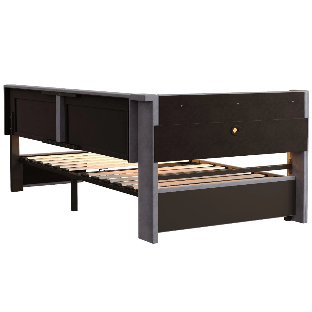 Divano Letto Imbottito 90x200 cm con LED, USB, Testiera Contenitore e Cassetti, Velluto Grigio Scuro