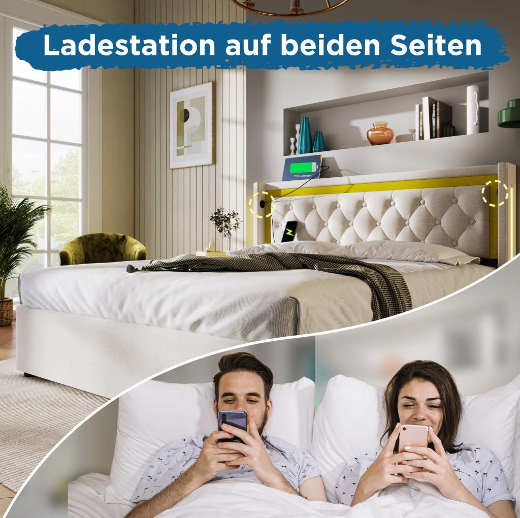 Letto contenitore LED 140x200 con materasso e ricarica USB-C