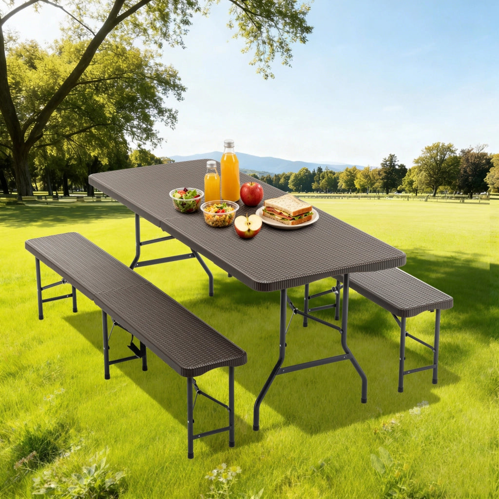 Set da picnic pieghevole 3 pezzi in plastica marrone con motivo legno