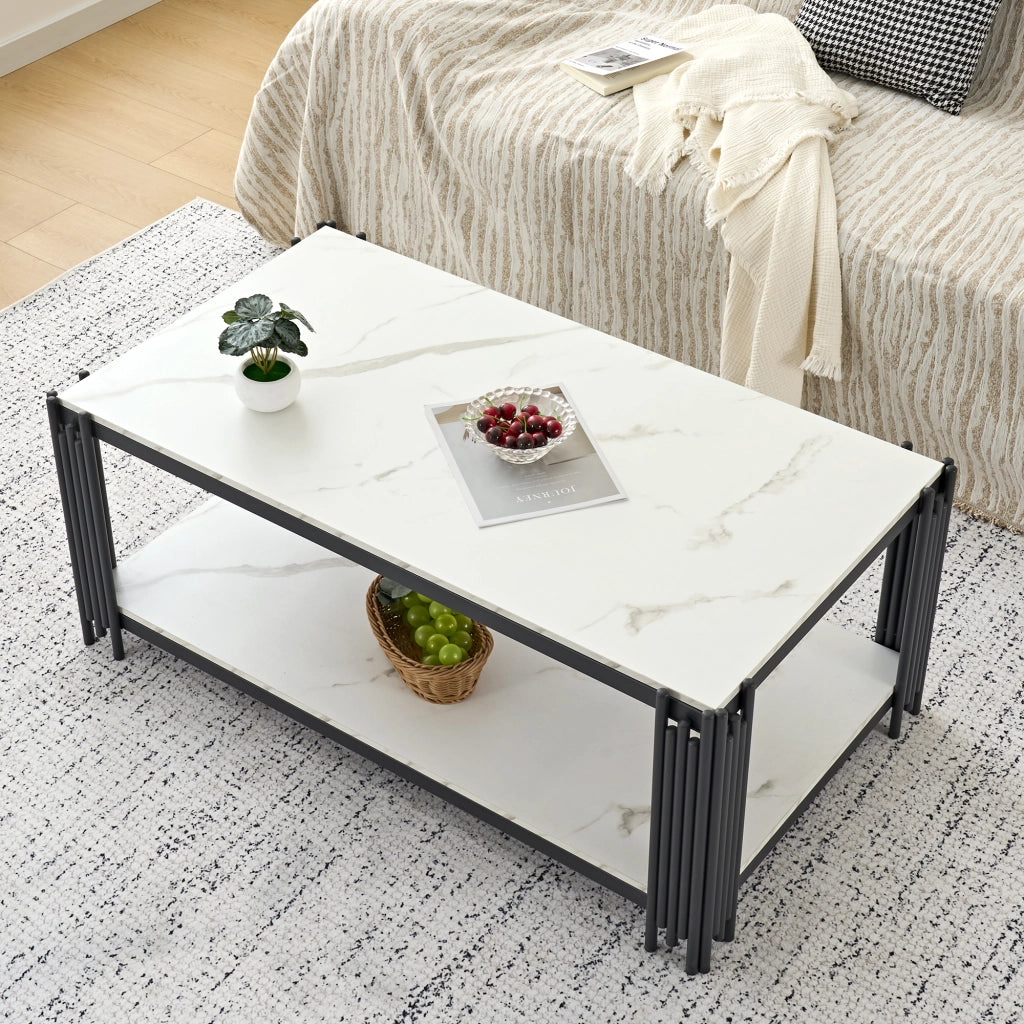 Tavolino da caffè con 2 ripiani - per soggiorno - in MDF e metallo - 114 x 64 x 46 cm - bianco e nero