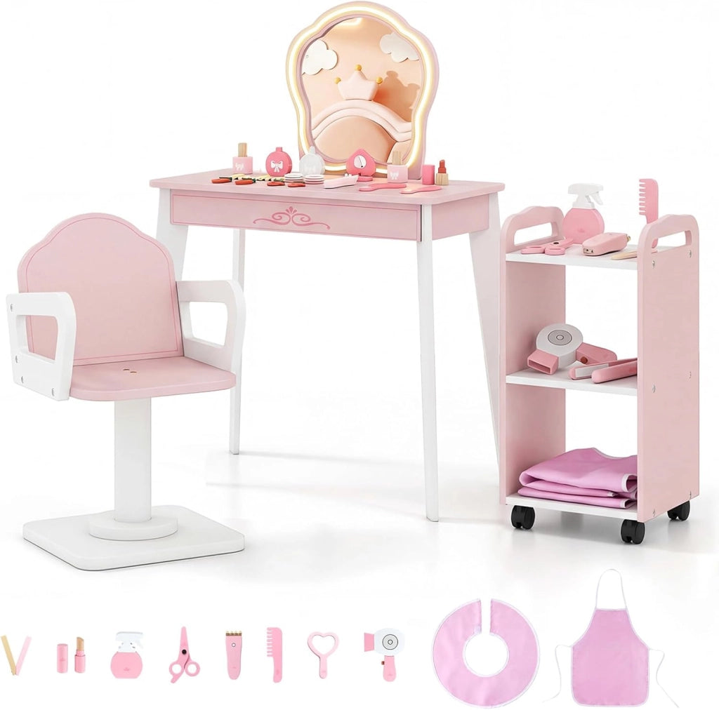 Set Toeletta per Bambini con Specchio Illuminato a LED | Tavolo per Manicure con Poltrona Girevole e Carrello con Ruote, Postazione Trucco con Asciugacapelli e Pettine per Bambini 3+