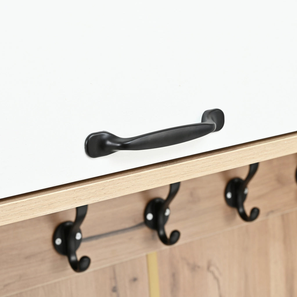 Mobile ingresso moderno con panca; 5 ganci; 4 vani aperti e illuminazione regolabile; 80x35x185 cm; bianco e naturale