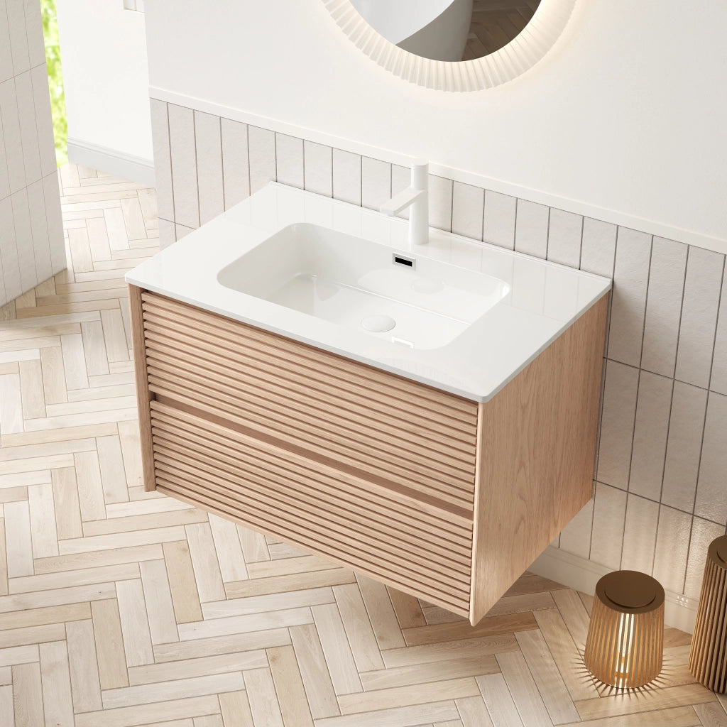 Mobile bagno con lavabo in ceramica e 2 cassetti per bagno; in compensato; bianco e noce; 81×46.5×51.5 cm