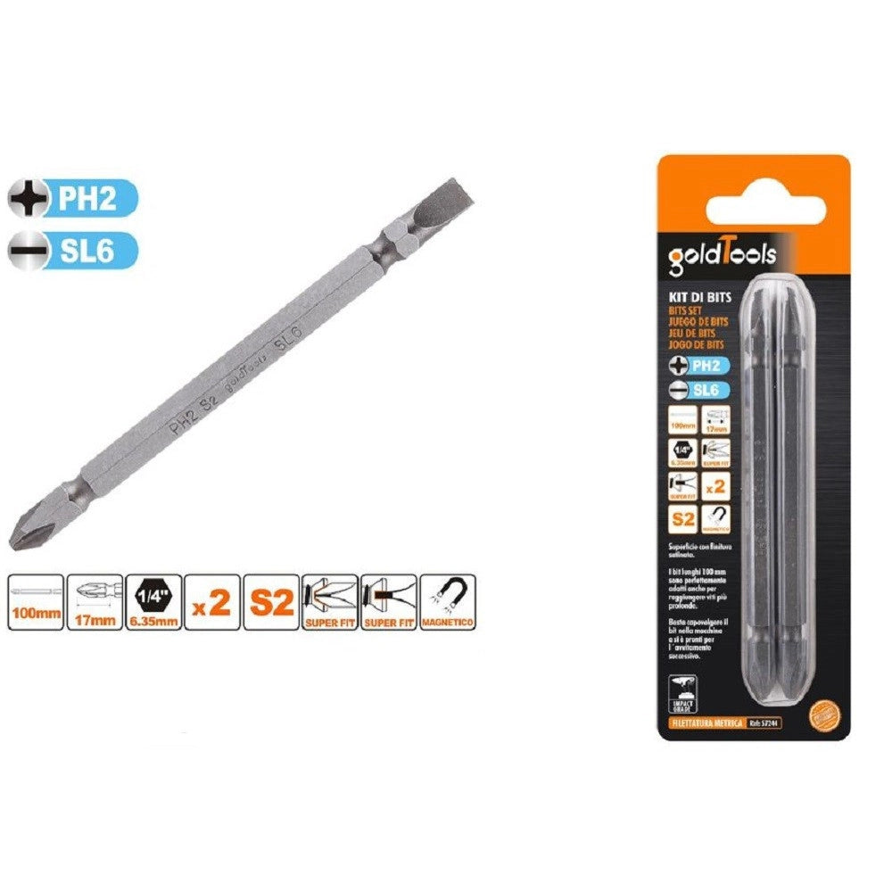 Trade Shop - Kit 2pz Di Bits Da 100mm Punte Doppie Inserti Ph2 + Sl6 Punta S2 Magnetica 57244 -