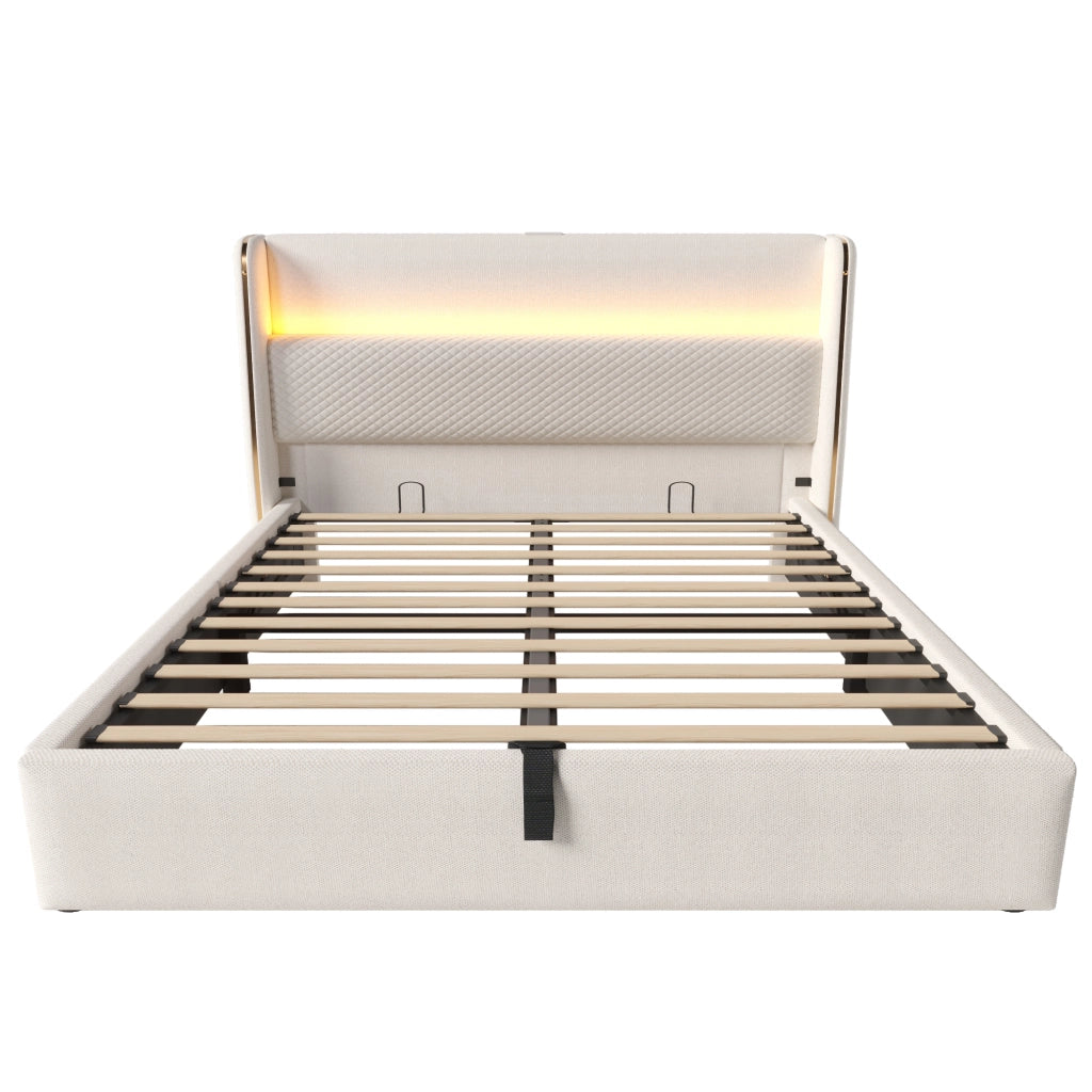 Letto Contenitore 140x200 cm; LED; USB e Type-C in Lino Beige