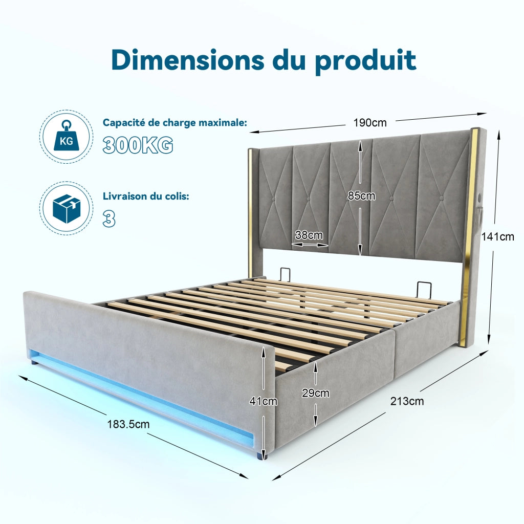Letto contenitore 180 × 200 cm con testiera alta, USB e Type-C, LED regolabile, senza materasso, in velluto, grigio