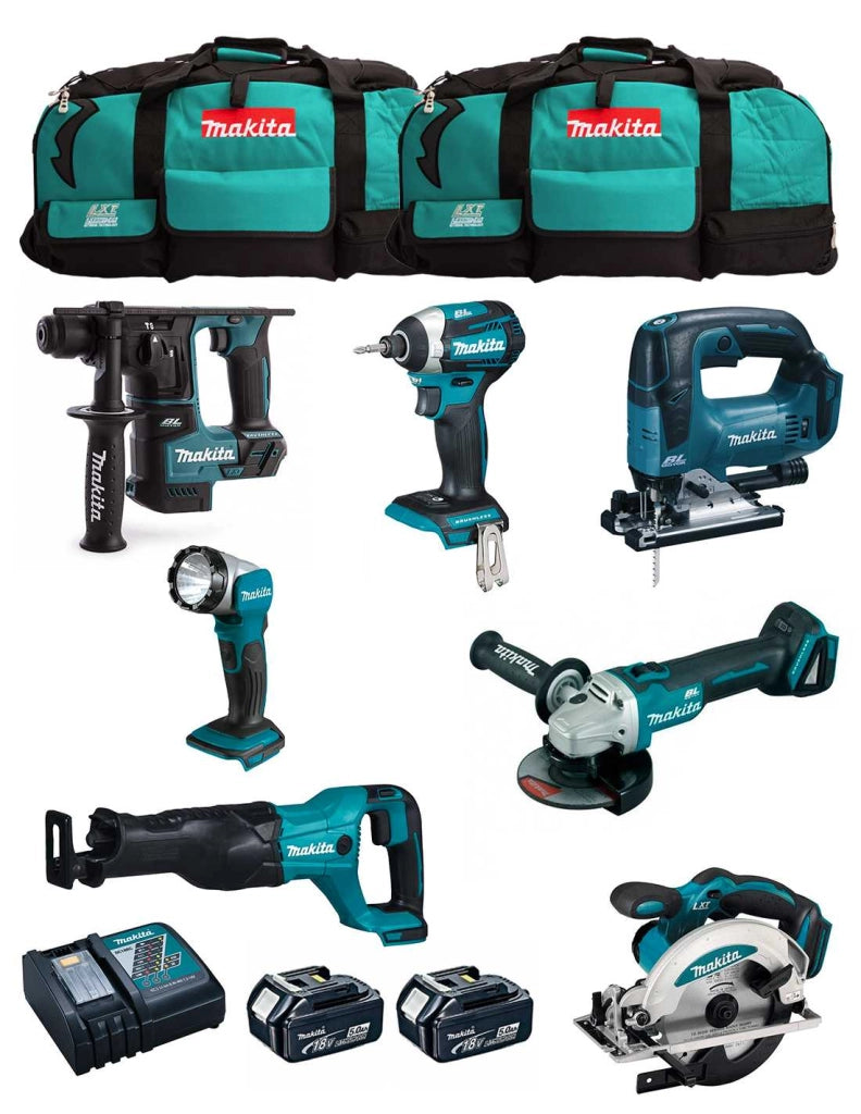 MAKITA Kit MK703 (DHR171 + DGA504 + DTD154 + DJR186 + DJV182 + DSS610 + DML802 + 2 x 5,0 Ah + DC18RC + 2 x LXT600)