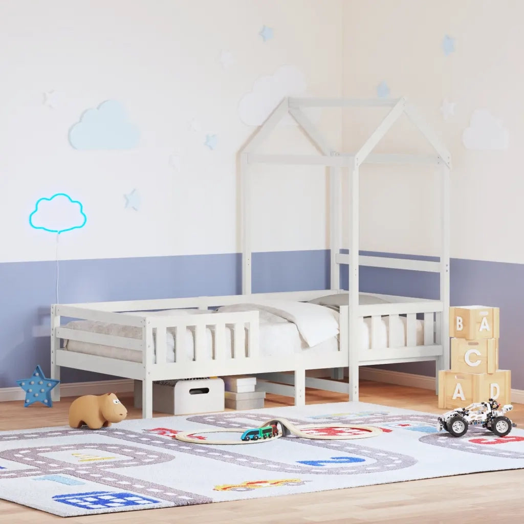 Letto singolo | Letto per adulti | Giroletto con Tetto Bianco 80x200 cm Legno Massello Pino