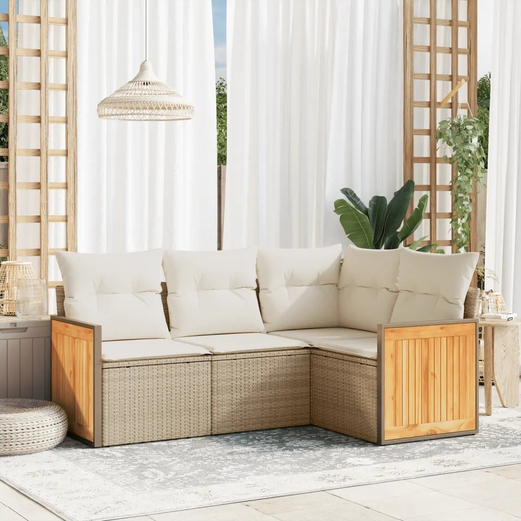 Set Divano da Giardino 4 pz | Set Salotto da Giardino con Cuscini Beige in Polyrattan