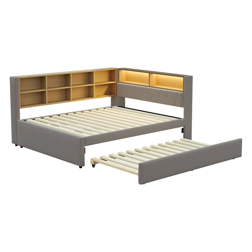 OKWISH Letto Divano 140×200 cm e 90×190 cm, Letto 2 Posti con LED, USB, Tipo C e VanI Portaoggetti, senza Materasso, in Flanella, Grigio Scuro