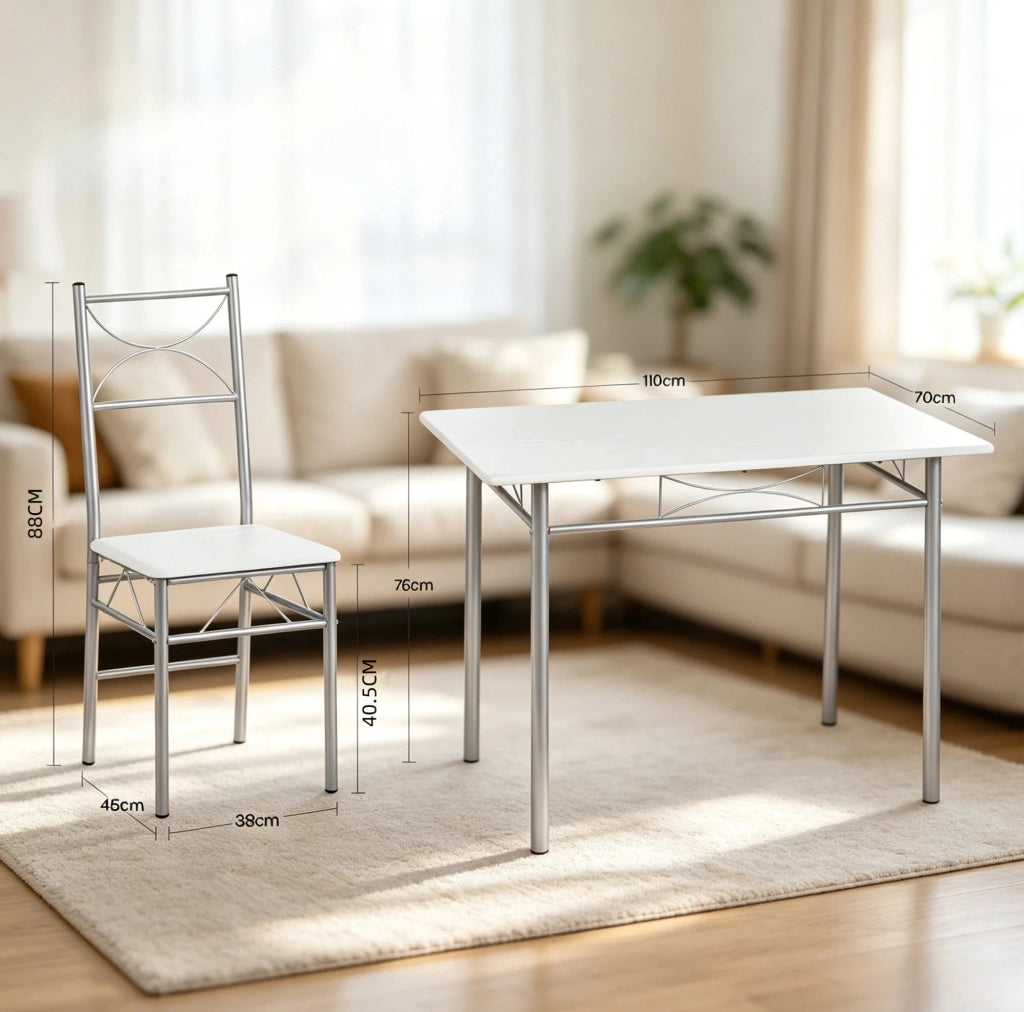Set tavolo da pranzo con 4 sedie MDF e metallo bianco argento
