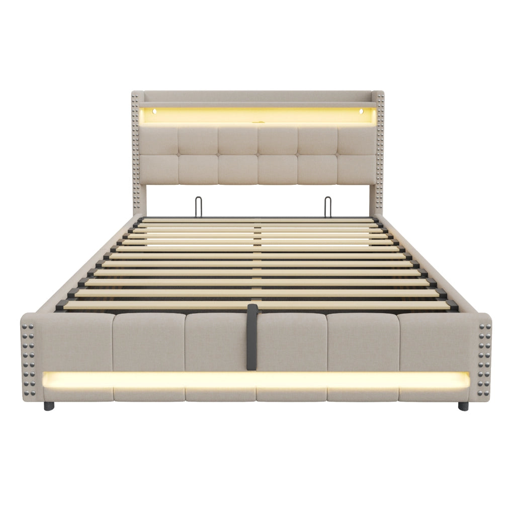 Letto imbottito 180x200 cm con LED, presa USB e contenitore idraulico in lino beige