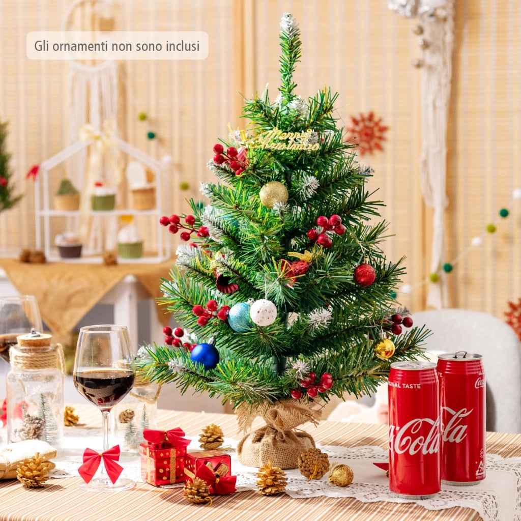 Albero di Natale 60cm per scrivania con 76 rami in PVC e base, Albero di Natale realistico con bacche rosse-Alberi di Natale