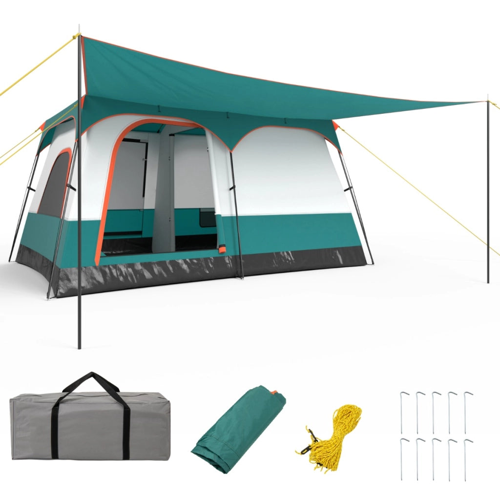Tenda da campeggio con veranda borsa per 8 persone con veranda-Tenda familiare con 2 stanze Bianco+ Verde