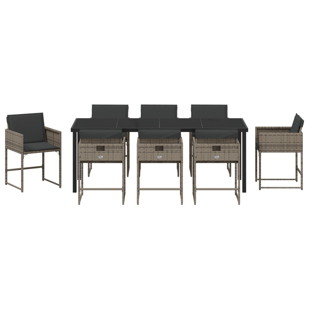 Set da Pranzo per Giardino 9 Pezzi con Cuscini Grigio Rattan PE