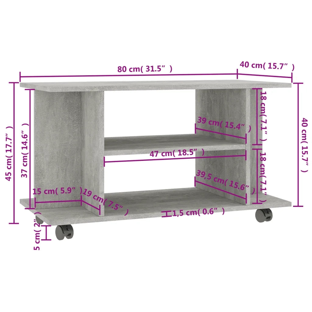 Mobile TV con Ruote Grigio Cemento 80x40x40 cm in Multistrato cod mxl 14007