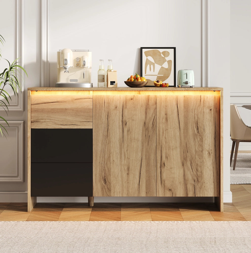 Sideboard con 3 cassetti; 2 ante e LED multicolore; Naturale/Nero