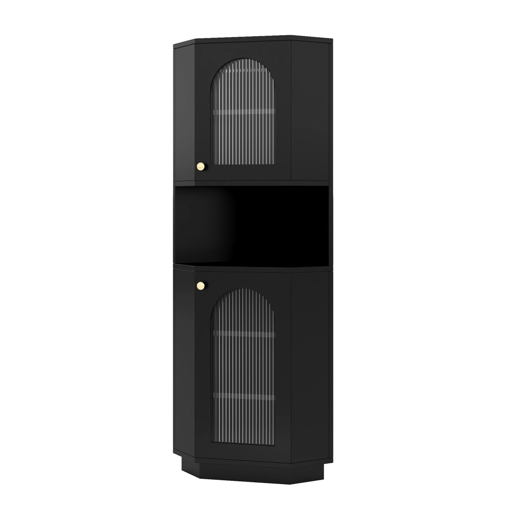 Armadietto da bagno angolare con LED e ripiani regolabili, 2 vani aperti, in MDF, nero, 45 × 45 × 166,5 cm